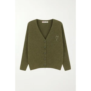 6953 Kadın Oversize Yün Karışımlı Premium Kalp Nakışlı Hırka Haki