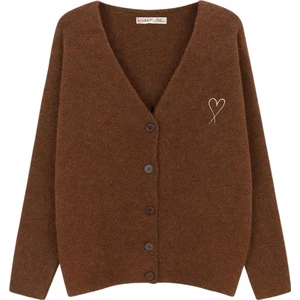 6953 Kadın Oversize Yün Karışımlı Premium Kalp Nakışlı Hırka Kahve