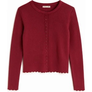 6972 Kadın Fitilli Basic Triko Hırka Bordo