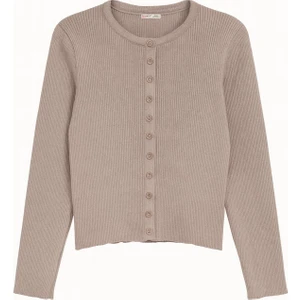 6931 Kadın Düğmeli Fitilli Triko Hırka Vizon