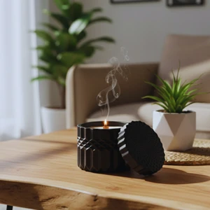 Nevhan Sanat Kapaklı Siyah Geometrik Tasarım El Yapımı Soya Mumu (Ahşap Fitilli) | 9 x 8,5 cm