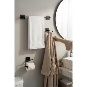 Alsi Home Yapışkanlı Siyah 2 Kancalı Askılık Uzun Havlu Askısı Wc Tuvalet Kağıtlık Banyo Set 3 Lü
