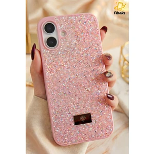 Apple iPhone 16 Uyumlu Kılıf Içi Kadife Elmas Tasarımlı Pembe Taşlı Işıltılı Pırlanta Silikon Kapak