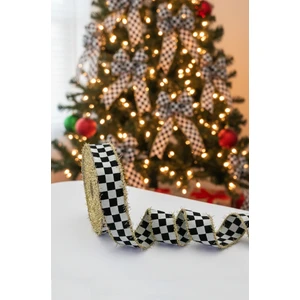 Dama Desen/ekose Altın Simli Saçaklı Yılbaşı Kurdelesi (3cm Genişlik - 10MT Uzunluk)