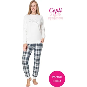 Kadın Beyaz Bisiklet Yaka Bilek Manşet 2 İplik Cepli Kışlık Jogger Eşofman Pijama Takımı Homewear