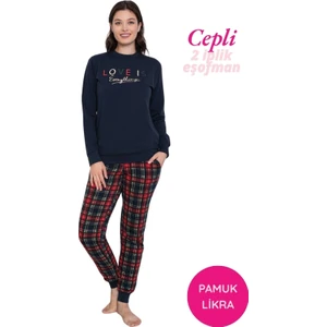 Kadın Lacivert Bisiklet Yaka Bilek Manşet 2 İplik Cepli Kışlık Jogger Eşofman Pijama Takımı Homewear