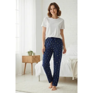 Elemge %100 Pamuk Desenli Kadın Pijama Altı Interlok Kumaş Rahat Kalıp Indigo Cepsiz Kurdeleli Yıldız Baskılı