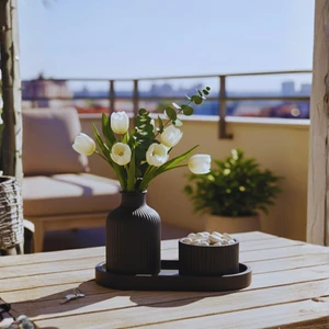 Nevhan Sanat 3 Parçalı Siyah Dekoratif Set – Çizgili Vazo, Kapaklı Mumluk & Oval Tepsi