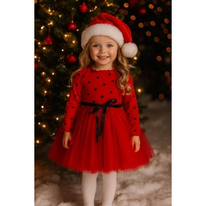 Şirin Şeyler Butiği Linda Kız Bebek Prenses Kabarık Tütü Elbise Uzun Kol Puantiyeli Esnek Likralı Kırmızı Tüllü Yılbaşı Hediyesi