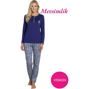 Kadın Lacivert Etnik Desen Mevsimlik Likralı Penye Cepli Alt Uzun Kollu Pijama Takımı