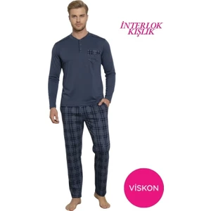 Erkek İndigo Ekose Desen 3 Düğmeli Kışlık İnterlok Viskon Kumaş Uzun Kol Göğüs Cepli Pijama Takımı