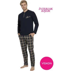 Erkek Lacivert Ekose Desen Likralı Pamuk Uzun Kol Kışlık İnterlok Göğüs Cepli Pijama Takımı