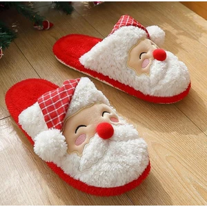 Kadın Yılbaşı Özel Tasarım Sessiz Yumuşak Taban Kışlık Ev Terliği Noel Baba Figürlü Pofuduk Terlik