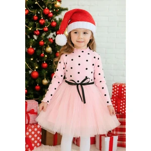 Şirin Şeyler Butiği Linda Uzun Kol Kız Çocuk Prenses Kabarık Tütü Elbise Puantiyeli Esnek Likralı Pembe Tütülü Elbise Yılbaşı Hediyesi