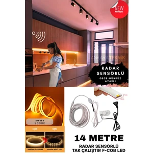 Sensörlü Amber Renk (2000K) F- Cob Neon LED / Yüksek Lümen/ Dolap Alcıpan Tavan LED /14 Metre