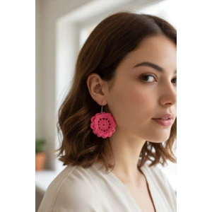 Crochet Örme Pembe Çiçek Küpe