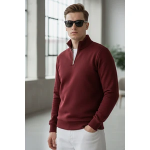 Elemge pamuklu Erkek Sweatshirt Bordo Soft Touch Relax Fit Yarım Fermuarlı Dik Yaka 3 Iplik Nefes Alan
