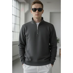 Elemge pamuklu Erkek Sweatshirt Antrasit Soft Touch Relax Fit Yarım Fermuarlı Dik Yaka 3 Iplik Nefes Alan