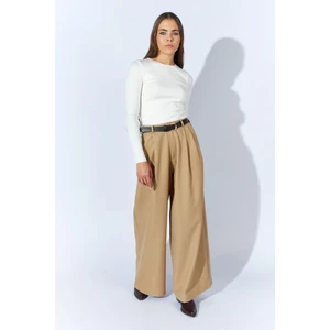 Kadın Bej Beli Kalın Kemer Palazzo Pantolon