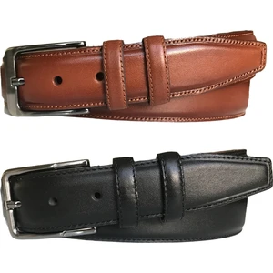 Deri 2'li Set, Dikişli Klasik Kumaş Pantolon Kemeri; Siyah, Taba 3,5 cm