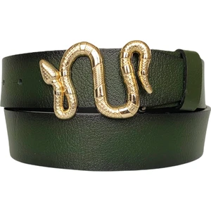 Deri, Gold Yılan Tokalı Yeşil Kadın Kot Kemeri 4 cm