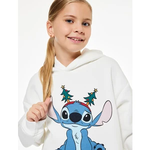 Kapşonlu Uzun Kollu Lisanslı Stitch Baskılı Oversize Şardonlu Yılbaşı Sweatshirt