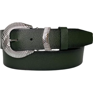 Deri Gümüş Tokalı Metal Köprülü Yeşil Kadın Kot Kemeri 4 cm