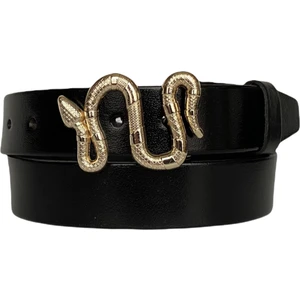 Deri, Gold Yılan Tokalı Siyah Kadın Kemeri 4 cm