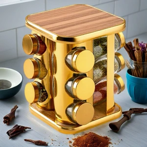 Zürih Collection Dönerli Kare Ahşap Baharatlık Seti 12'li Gold Renk