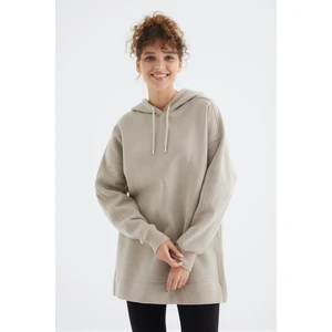 Tommy Life Koyu Bej Reglan Kol Basic Kapüşonlu Oversize Sweatshirt Tunik - 97242