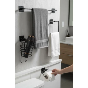Alsi Home Yapışkanlı 4 Lü Siyah Fön Makinesi Askısı Havlu Askısı Wc Tuvalet Kağıtlık Kare Havluluk Banyo Set