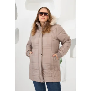 Büyük Beden Kapüşonlu Şişme Mont Vizon