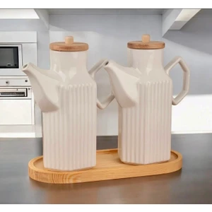 Kitchen Pembelia Ahşap Standlı 2'li Prizma 1000 ml Porselen Yağlık Sirkelik