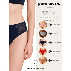 Kadın Dantel Detaylı Pamuklu 5'li Paket Külot / Somon - Gri - Lacivert - Bordo - Vizon