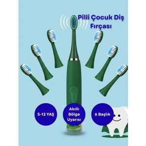 Pilli Çocuk Diş Fırçası Karikatür Desenli 6 Yedek Başlık + Sessiz + Yumuşak Fırça - Yeşil