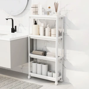 Tekerlekli Raf Ünitesi 4 Katlı Banyo Rafı Mutfak Rafı Servis Sehpası Çok Amaçlı Katlı Organizer Beyaz