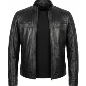 Siyah Hakiki Deri Erkek Mont - Fermuar Detaylı Hakim Yaka Spor Kesim