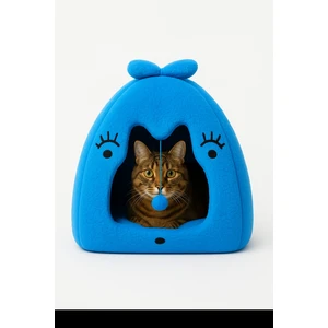 Peluş Kedi Evi – Yumuşak Dokulu, Kulaklı Tasarım, Ponpon Oyuncaklı, Kapalı Kedi Yatağı