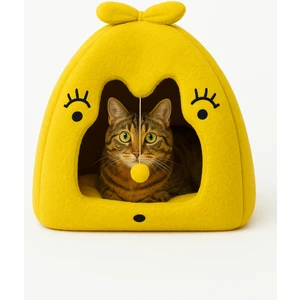 Peluş Kedi Evi – Yumuşak Dokulu, Kulaklı Tasarım, Ponpon Oyuncaklı, Kapalı Kedi Yatağı