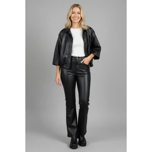 Manga Moda Kadın Siyah Suni Deri Boru Kesim Pantolon M1993 Siyah