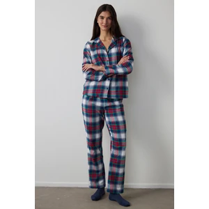 Yeşil Ekoseli Gömlek Yaka Uzun Kollu Pamuklu Pijama Takımı