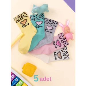 5 Çift Kalp & Leopar Desenli Bebek & Çocuk Çorabı Okul & Gündelik Çorap