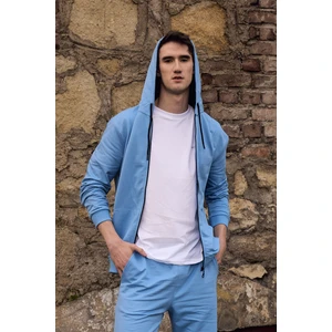 Arda Erkek %100 Pamuk 2 İplik Şardonsuz Oversize Kapüşonlu Fermuarlı Mavi Sweatshirt