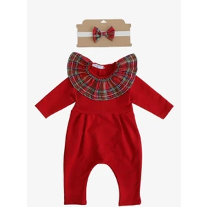 Parla Kids Kız Çocuk Kırmızı Ekose Yakalı Çıtçıt Detaylı Yılbaşı Tulum Salopet