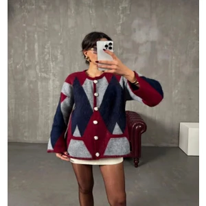 SFG Life Moda Kadın Şardonlu Cepli ve Baklava Desenli Triko Hırka