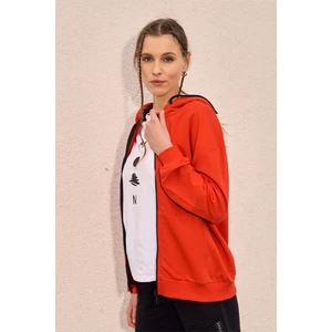 Kadın Kapüşonlu Fermuarlı Oversize Sweatshirt Kırmızı