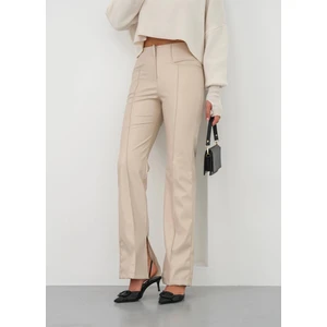 Ispanyol Yırtmaçlı Paça Deri Pantolon Bej Hn