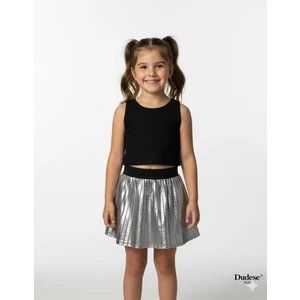 Kız Çocuk Siyah Crop ve Gümüş Piliseli Etek Takım, 3-9 Yaş