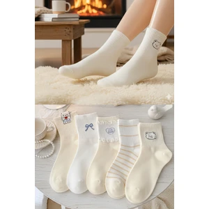 5 Çift Krem Desenli Kadın Çorap