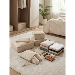 6'lı Krem Çizgi Desenli Valiz Bavul Içi Düzenleyici Seti Seyahat Hurcu Çanta Makyaj Organizer Seti